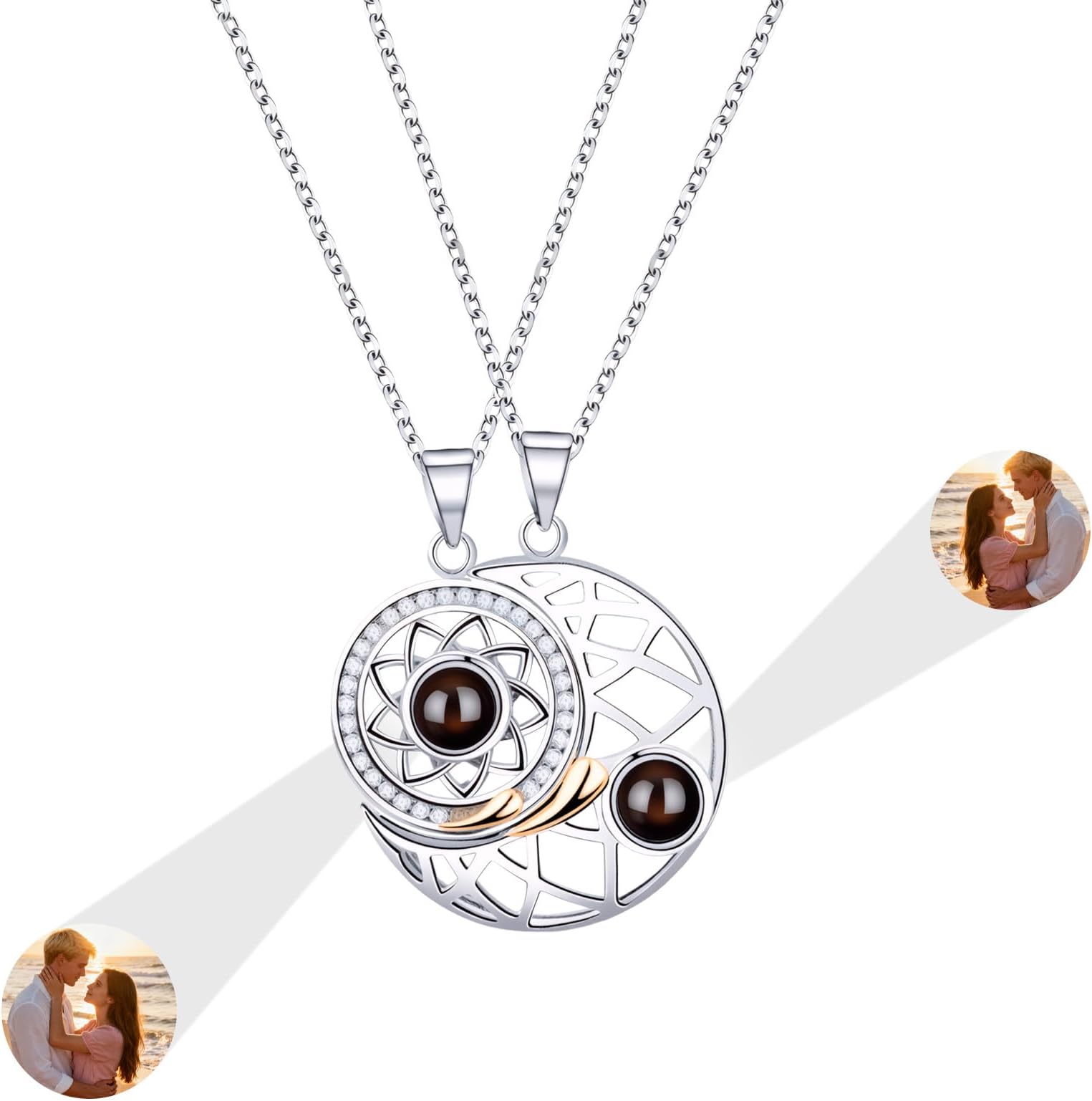 Personalized Matching Necklaces for Couples, 2Pcs Heart Projection Pendant with Picture Inside - Valentine's Day Romantic Gift for Him and Her