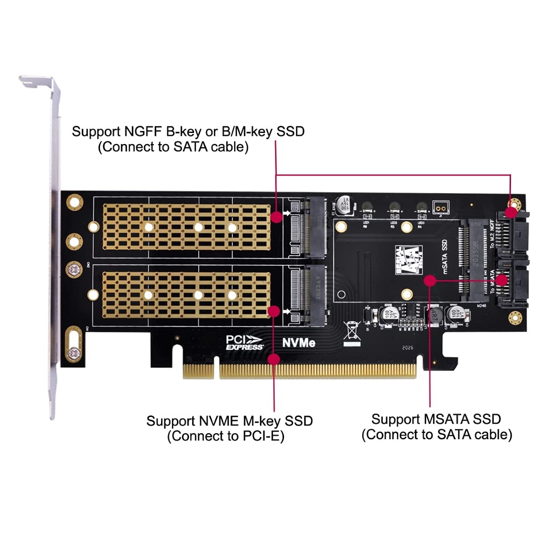 chenyang Adaptador de tarjeta de expansión 3 en 1 M.2 NVME/NGFF/mSATA SSD a PCIe 3.0/4.0 X16 Motherboard SSD