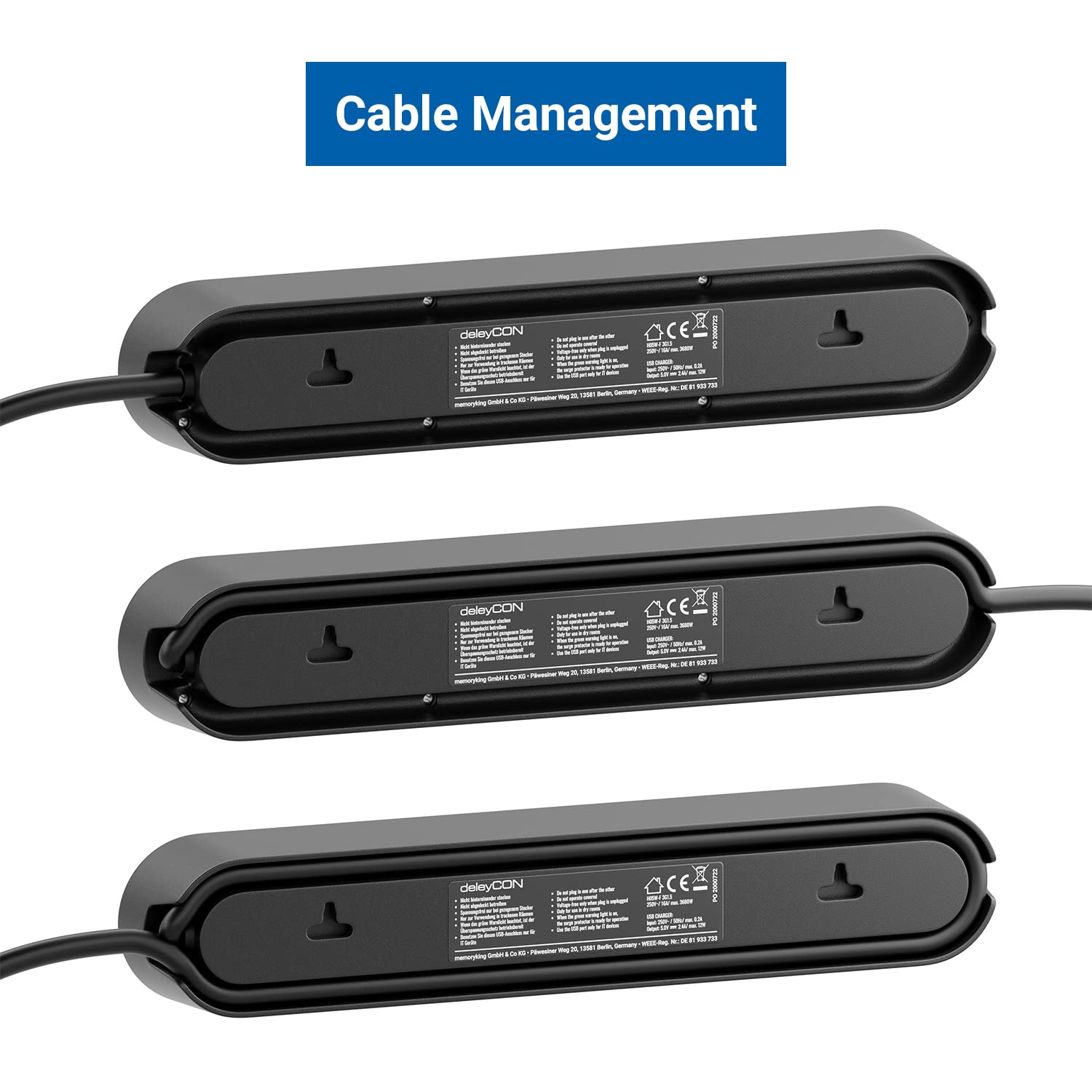 deleyCON Regleta con 5 m, Tres Tomas, Puertos USB, Dos Salidas USB-A para Cargar Móvil y Tableta, Protección contra Sobretensión, Interruptor, Negro — view 4