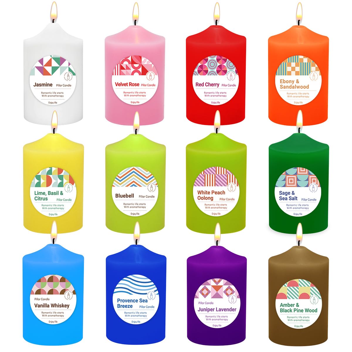 Home - Juego de 12 velas perfumadas de color de 2 x 3 pulgadas, velas grandes sin goteo y sin humo, 16 horas de combustión, vela de parafina para mesa de comedor, Navidad y decoración del hogar
