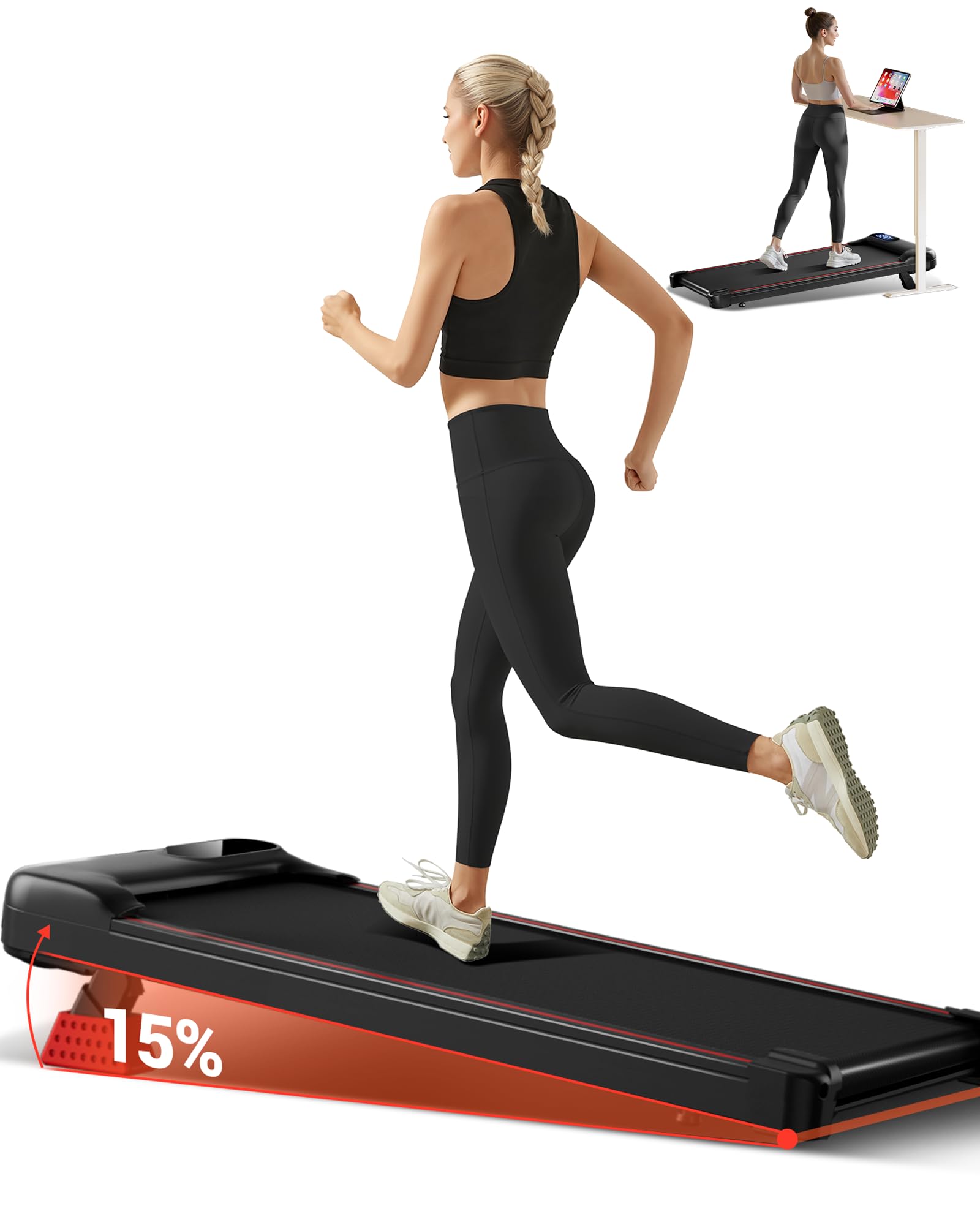 CURSOR Tapis Roulant con Inclinazione 9%/15%, Tapis Roulant Salvaspazio Elettrico 1-10KM/H, Walking Pad con Motore Silenzioso da 2,5 HP e Tripla Ammortizzazione, Max. Carico Massimo 136KG Inclinazione 15%