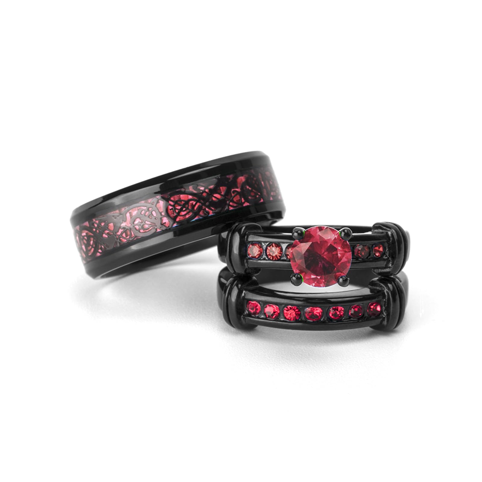 Couple Ring Bridal Set His Hers Black Gold Plated Blue CZ Stainless Steel Wedding Ring Band