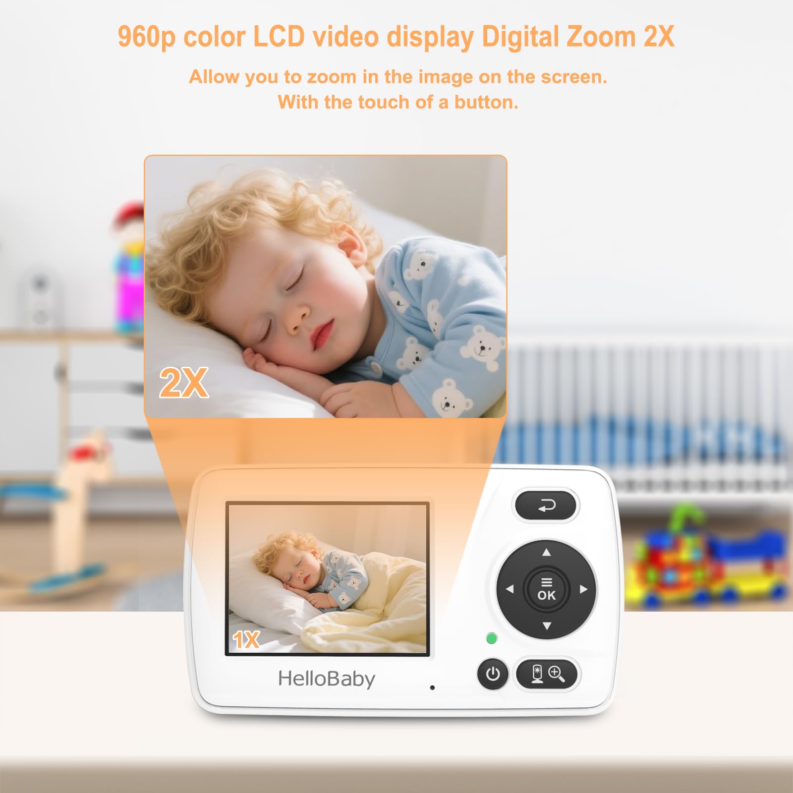 HelloBaby Baby monitor, aggiornamento video baby monitor con fotocamera e visione notturna, 8 lingue, modalità ECO, nessun WiFi per la privacy, zoom 2x, funzione allarme