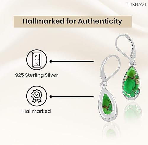 Miniatura 6 de TISHAVI 925 sterling silver leverback dangle trendy earrings for women, Copper Turquoise - bluegreenoyesterpurple teardrop gemstones, hypoallergenic