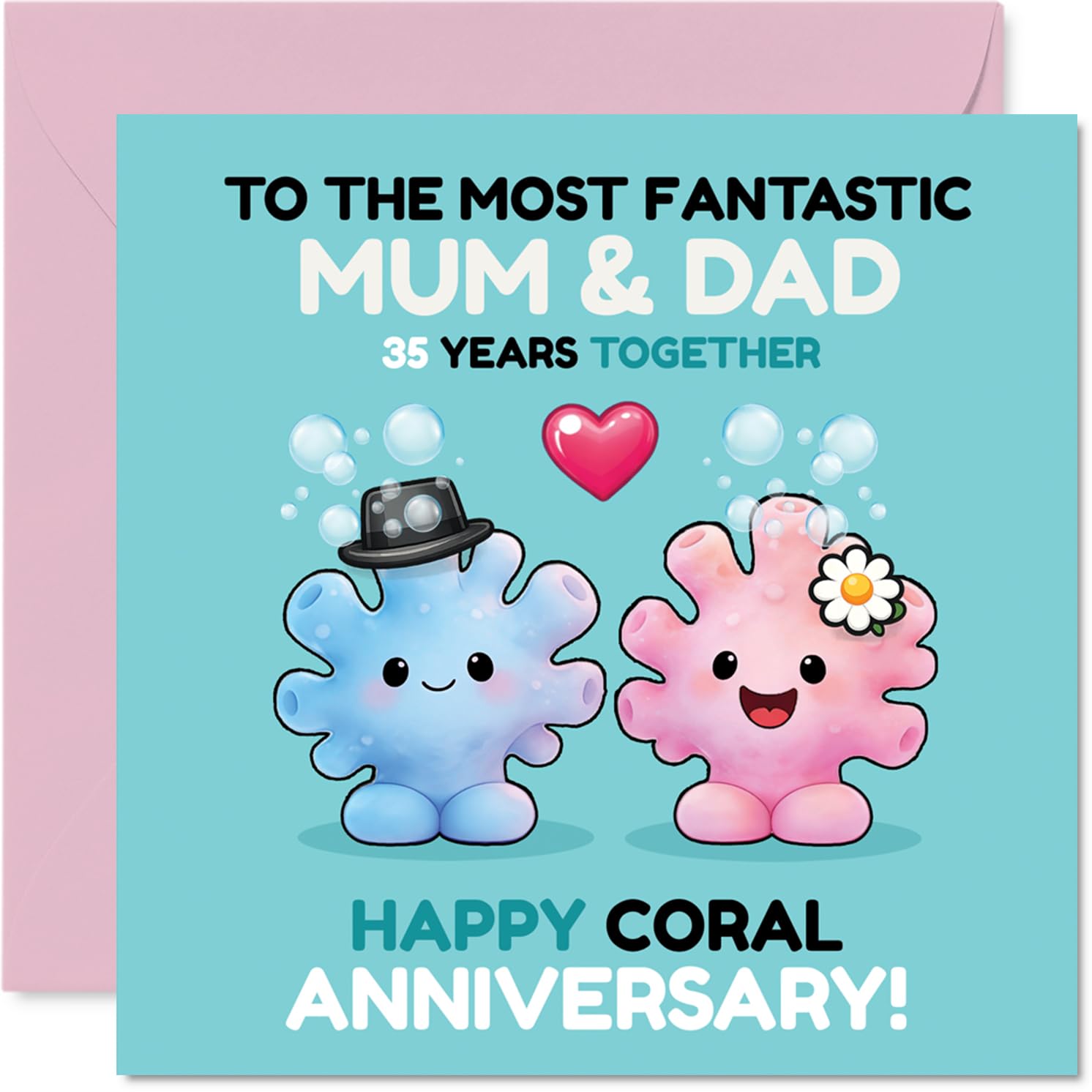 Milestone 35th Anniversary Card for Mum & Dad - Celebrating 35 Years Together - Cute Coral Couple with Joyful Love Motif - 145mm Square, Envelope Included