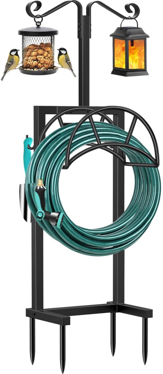 Garden Hose Holder 4 Spikes Garden Hose Reel Hose Stand Upgraded Water Hose Storage with Tool Hooks Garden Hose Hanger Organizer Holds 160ft Hoses for Outside Yard Lawn, Black