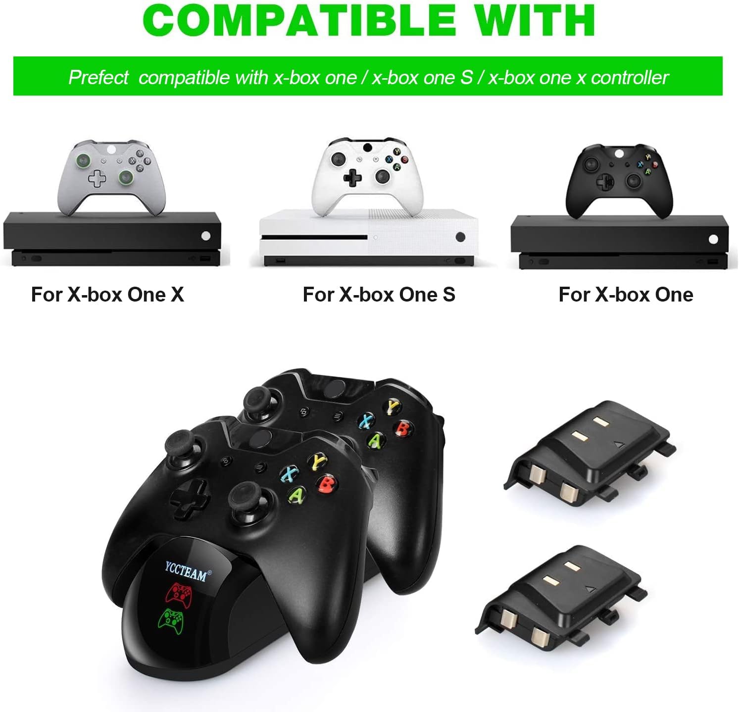 Controller Charger Station for Xbox One/One S/One Elite Controller, YCCSKY Xbox One Charging Station with 2 Pack 1200mAh X-Box One Rechargeable Battery