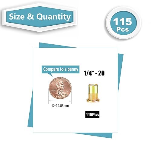 Miniatura 2 de Kadric - Tuercas remachadoras de 14"-20, 180 tuercas roscadas de cabeza plana de acero al carbono SAE 14-20 UNC RIV