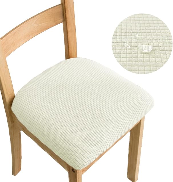 Dining Chair Seat Covers 4PCS Waterproof Stretch Dining Chair Slipcovers with Buckle Removable Washable Dining Chairs Seat Cushion Protectors Cover for Dining Room Kitchen (Ivory)