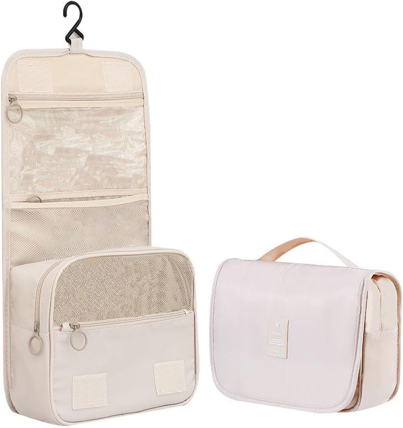 Hanging Toiletry Bag for Women Travel Makeup Bag with Hook, Compact Cosmetic Organizer for Toiletries and Essentials (Beige)-image-37