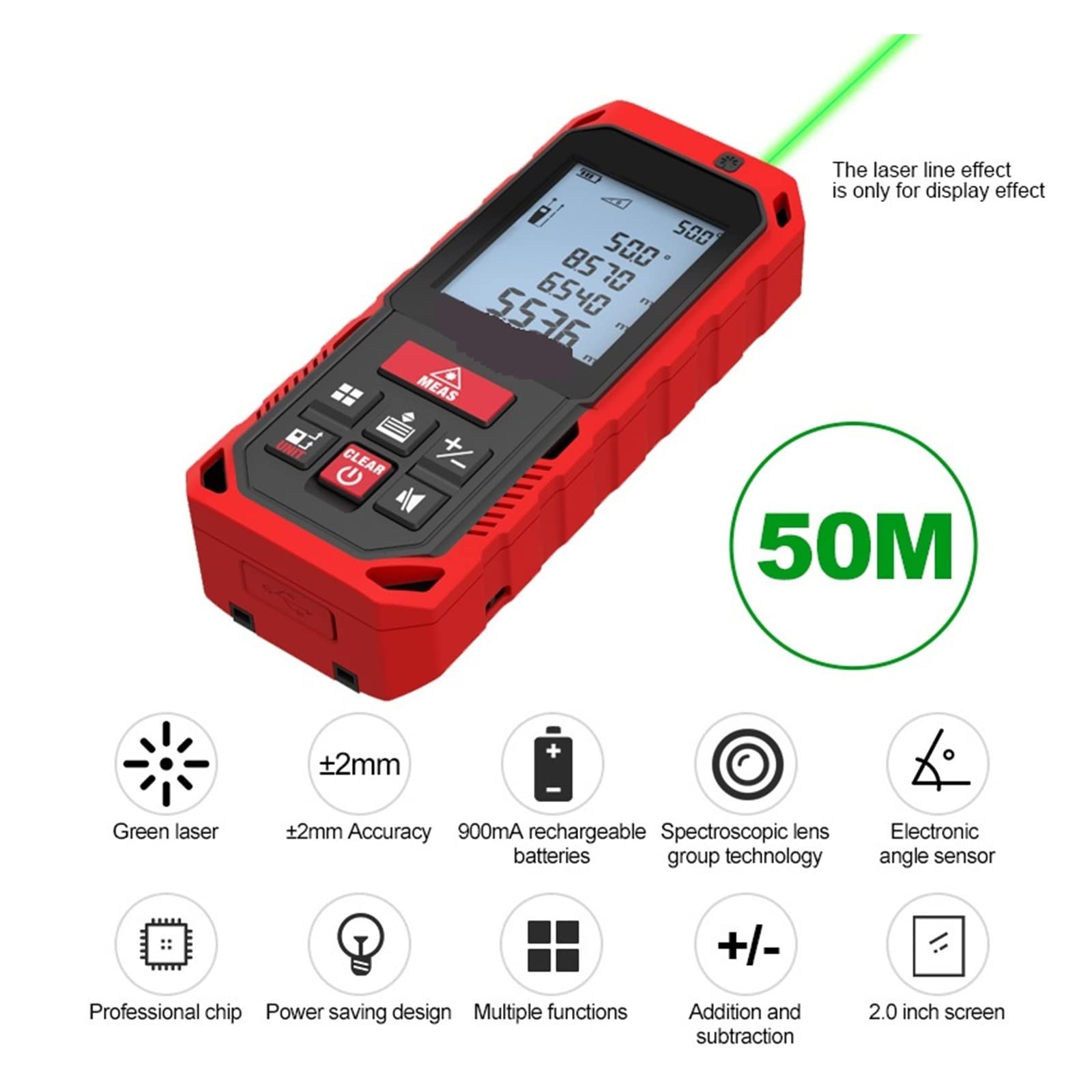 Medidor de superficie terrestre Mini telémetro láser Digital medidor de distancia láser cinta métrica diastímetro herramienta 100M/80M/60M-40M telémetro láser para terreno montañoso(S2-50M (Green ligh