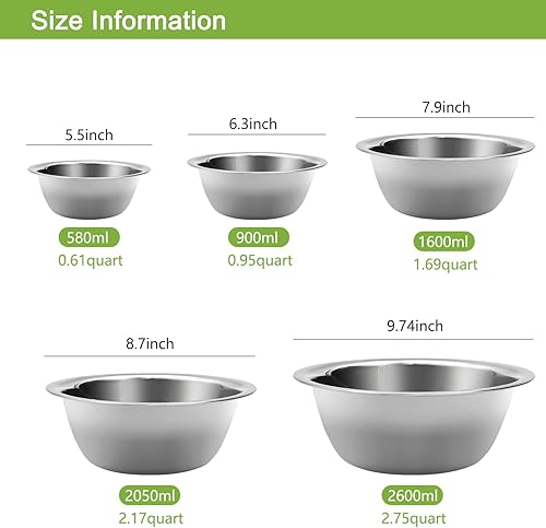 Miniatura 3 de Juego de 5 tazones de mezcla de acero inoxidable, cuencos de metal anidables que ahorran espacio para la cocina del hogar, cocina de caravana,