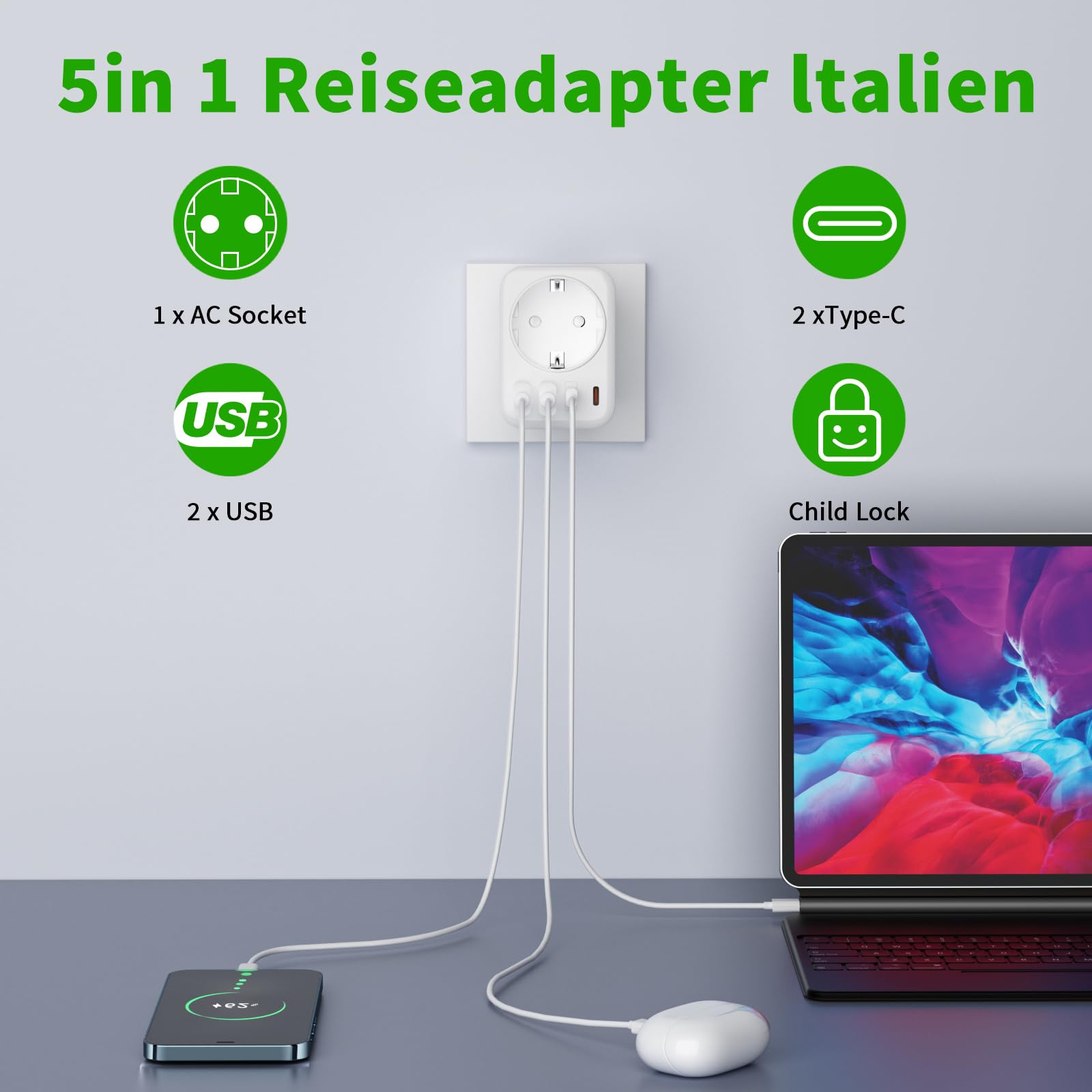 5 en 1 Adaptateur Prise Italienne vers France, Adaptateur Prise Italienne, 2 USB C, 2 USB A, Europe FR 2 Broches vers US 3 Broches, pour Italie, Chili, Maldives, Saint-Marin, Vatican,Type L