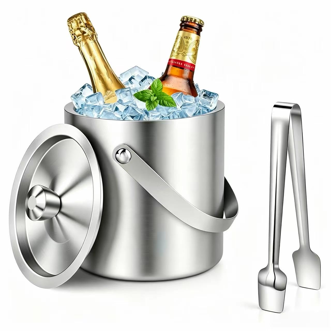 3L Eiskübel aus 304 Edelstahl mit Doppelwand, Deckel und Eiszange – ideal für Hausbars, Partys und Cocktail-Servieren (2L)