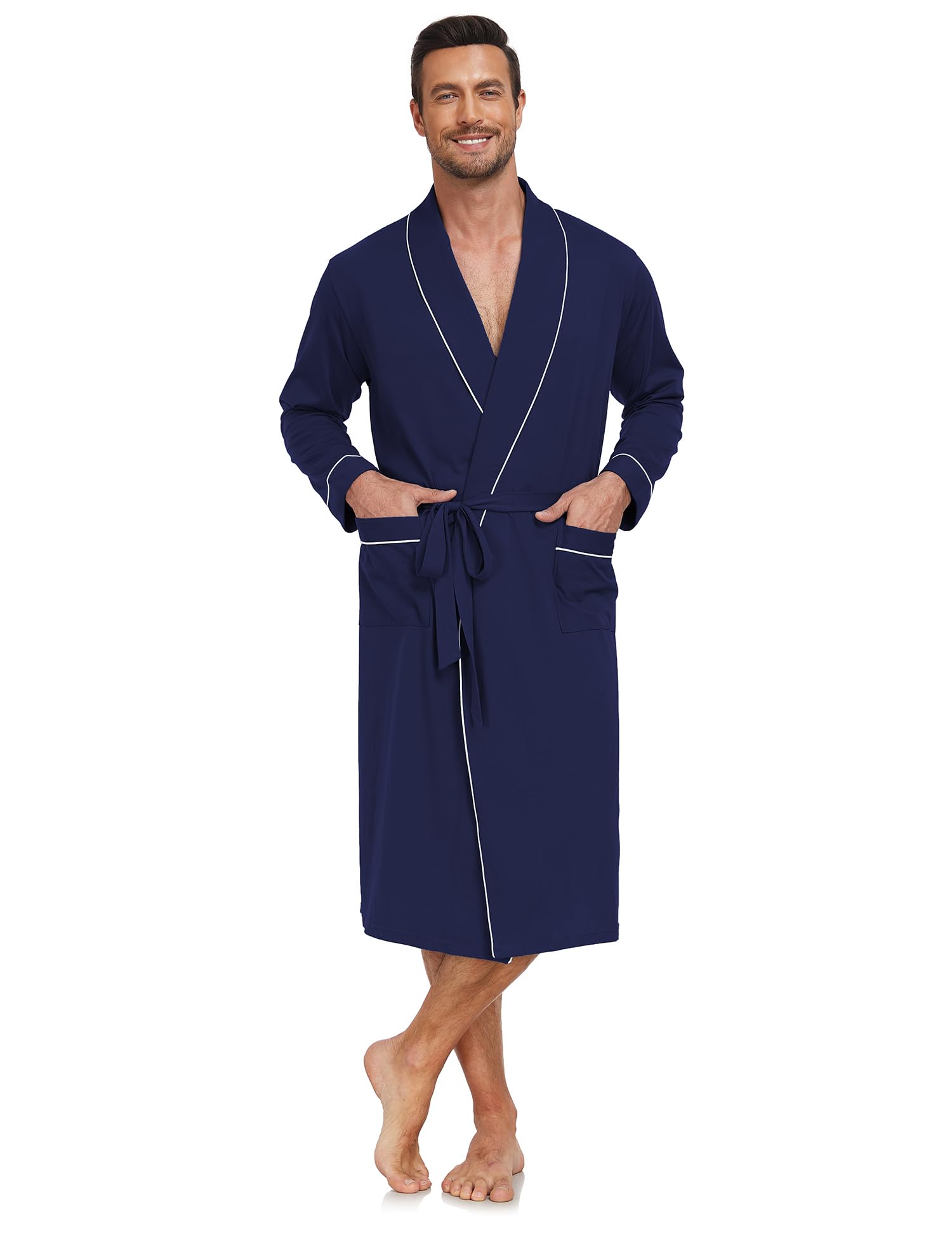 ANLIQI Herren Bademantel 100% Baumwolle, Leicht und Weich, Langer Sommer Schlafanzug mit Taschen