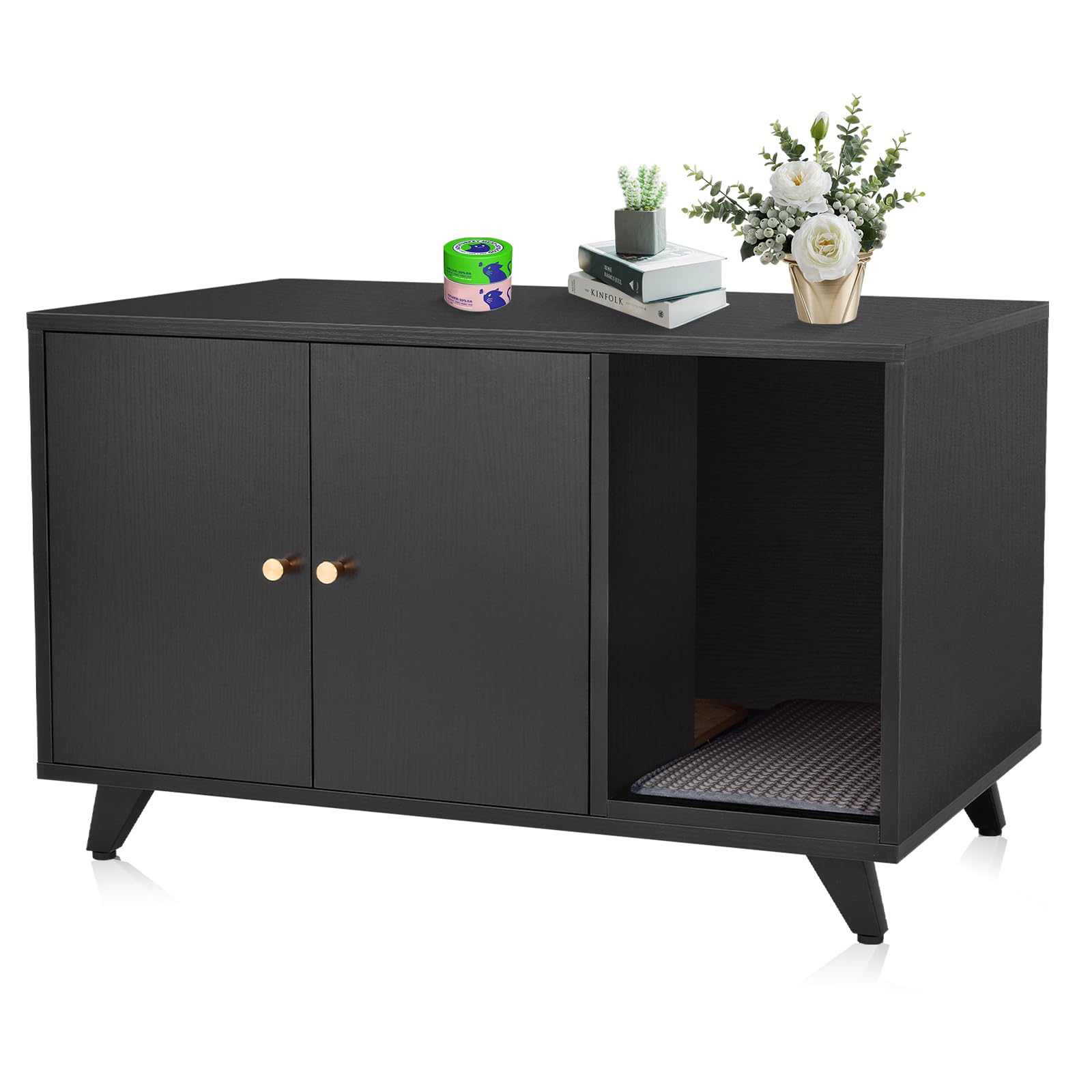 Cat Litter Box Enclosure, Hidden Litter Box Furniture Washroom Storage Cabinet, Modern Cat House with Scratche Pad (Black)