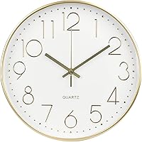 BAKBRAND 12 Inch Silent Non-Ticking Gold Wall Clock - Modern Quartz Round Decor with 3D Dial for Bedroom, Living Room, Office