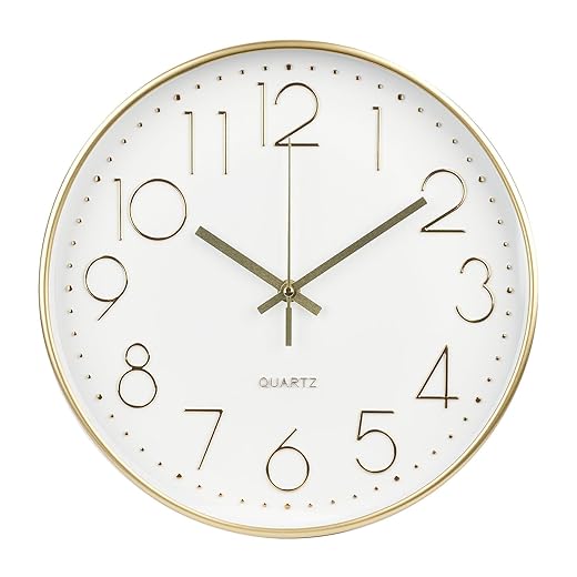 Wall Clock 12 Inch Non Ticking Silent Modern Simple Style Round Decor Clock Gold Stereoscopic Dial