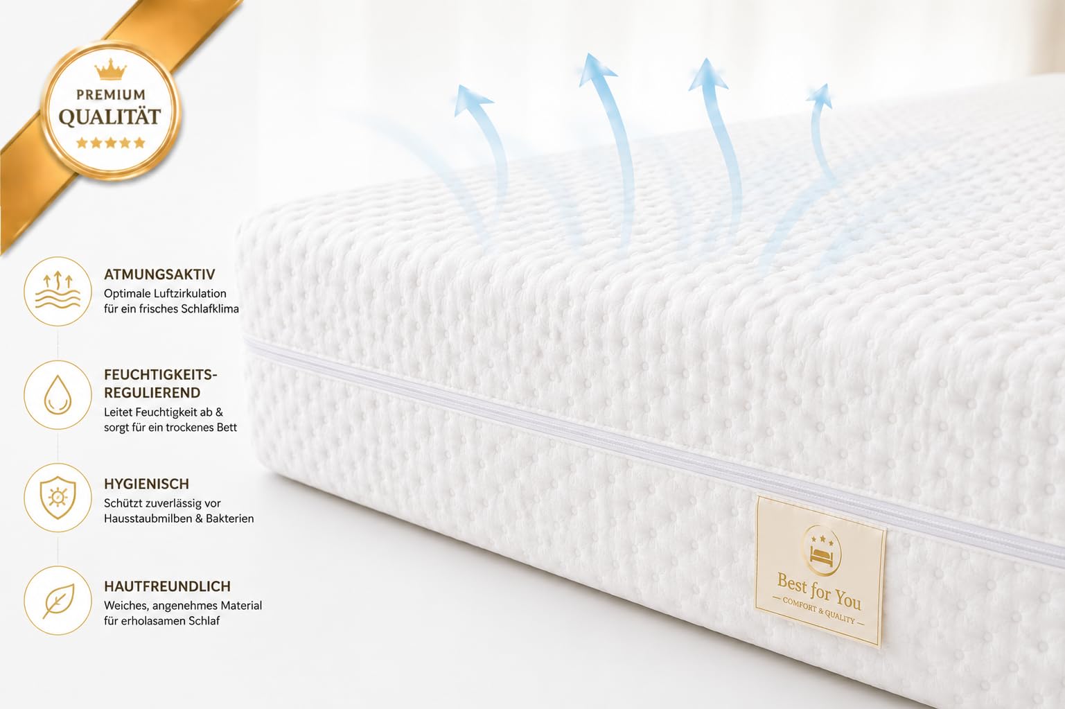 Best For You Matratzenbezug 10 cm Easy Active Cool für Allergiker geeignet 3-seitiger Reißverschluss Bezug für Matratzen von 60x120x10 bis 200x200x10 cm (160x200)
