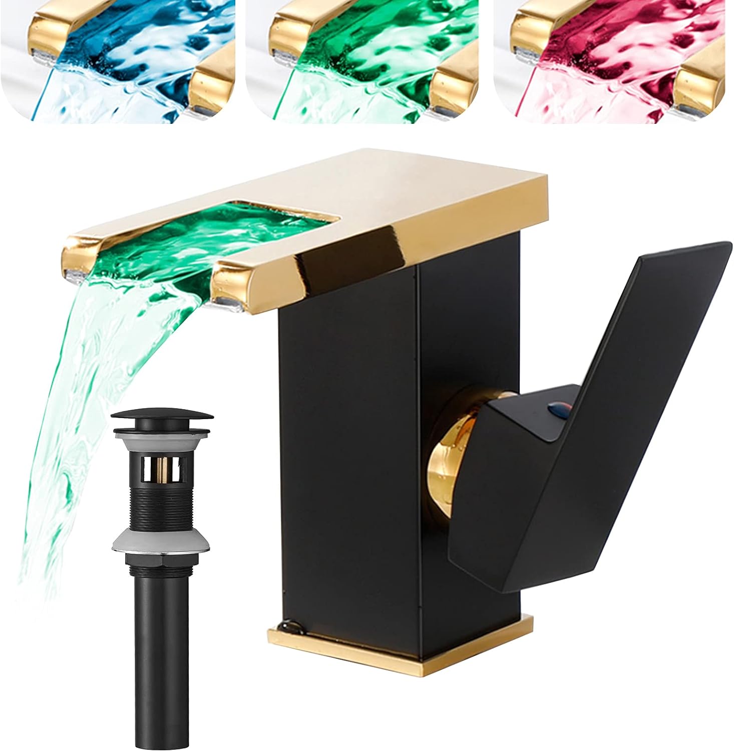 Waterfall Bathroom Faucet Black&Gold Led Light 3 Colors Changing Spout ...