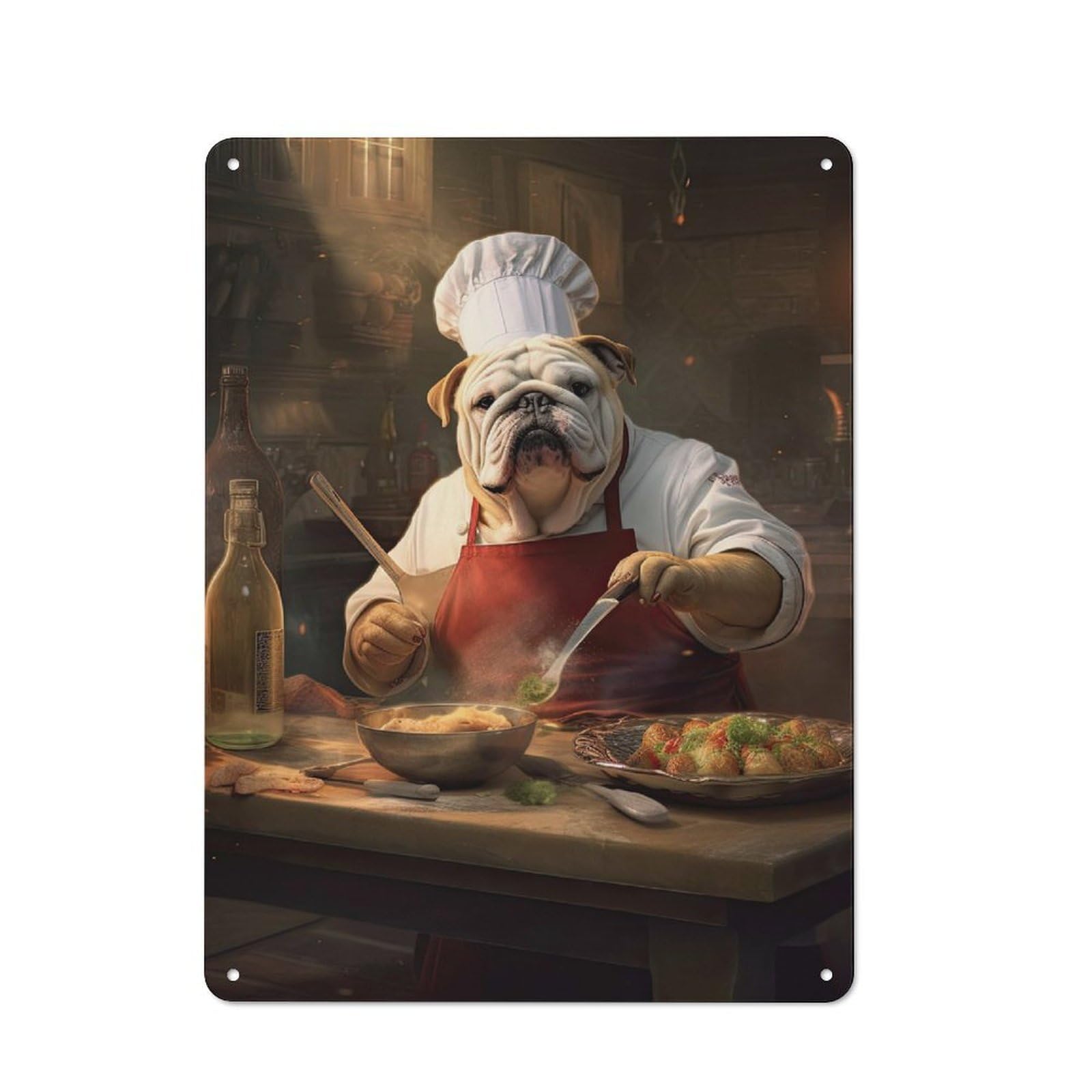 Junmoney English Bulldog Chef Vintage Metal Wall Decor 40X30cm, Tin Wall Sign For Coffee Bar, Kitchen, Bistro Or Tea Corner