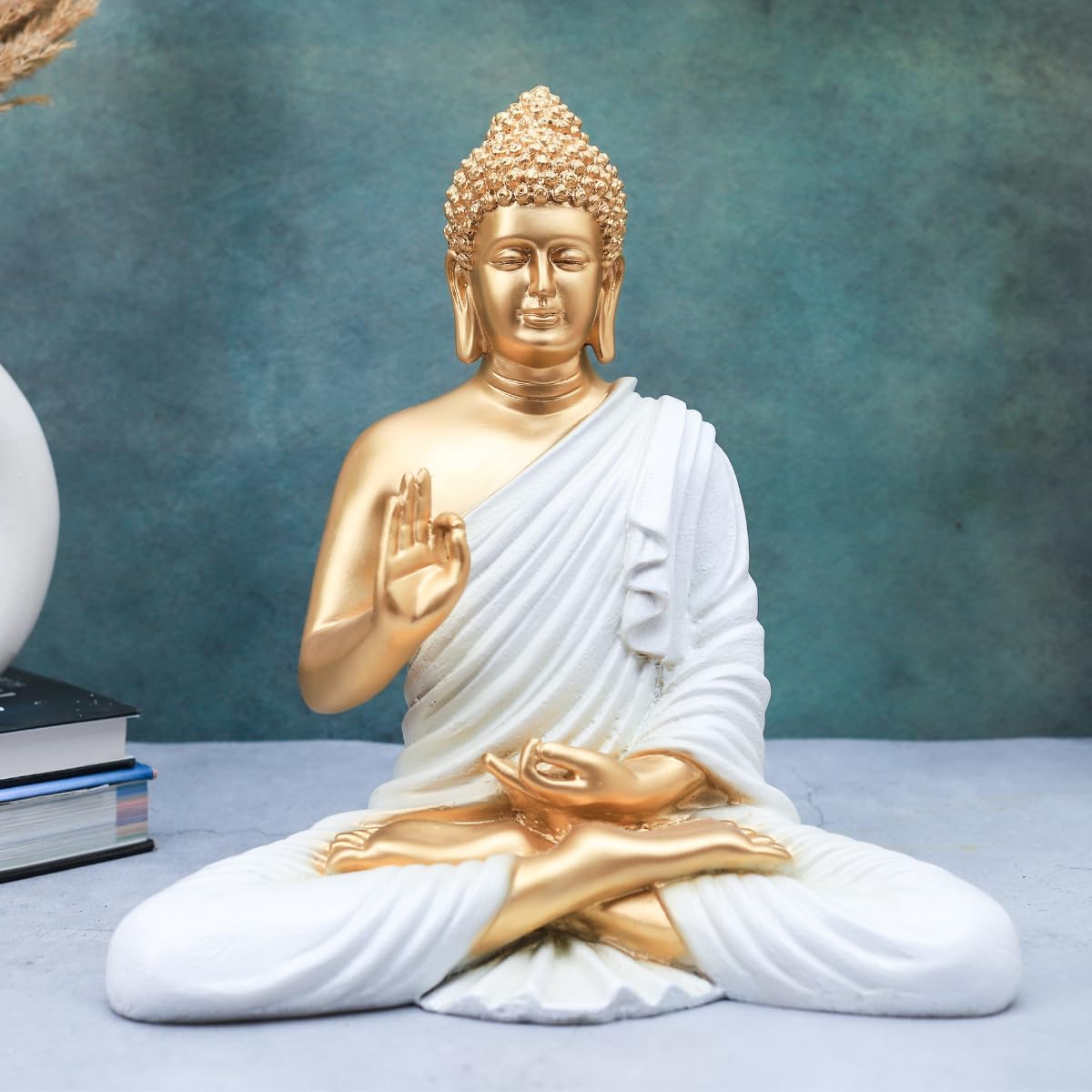 The Advitya Buddha Idol for Home Decor|Buddh/Gautam Buddha/Shakyamuni Statue Figurine Showpiece for House Warming Birthday Corporate Gift|Home Decoration Items for Living Room (Golden White - 14inch)