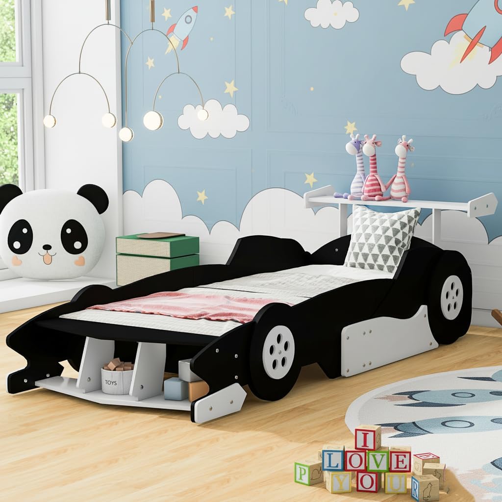 SOFTSEA Car Shape Bed Frame for Boys Twin Sze Race Car-Shaped Platform Bed with Wheels, Kids Bed Frame with Storage, Black