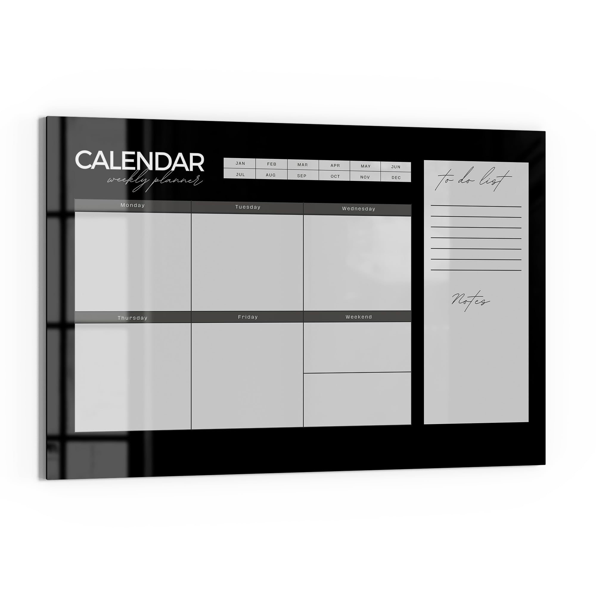 DEQORI Lavagna magnetica in vetro | 90 x 60 cm | motivo "Agenda settimanale nero (EN)" | Lavagna magnetica con magneti, penna e panno per cucina e ufficio, lavagna magnetica e scrivibile
