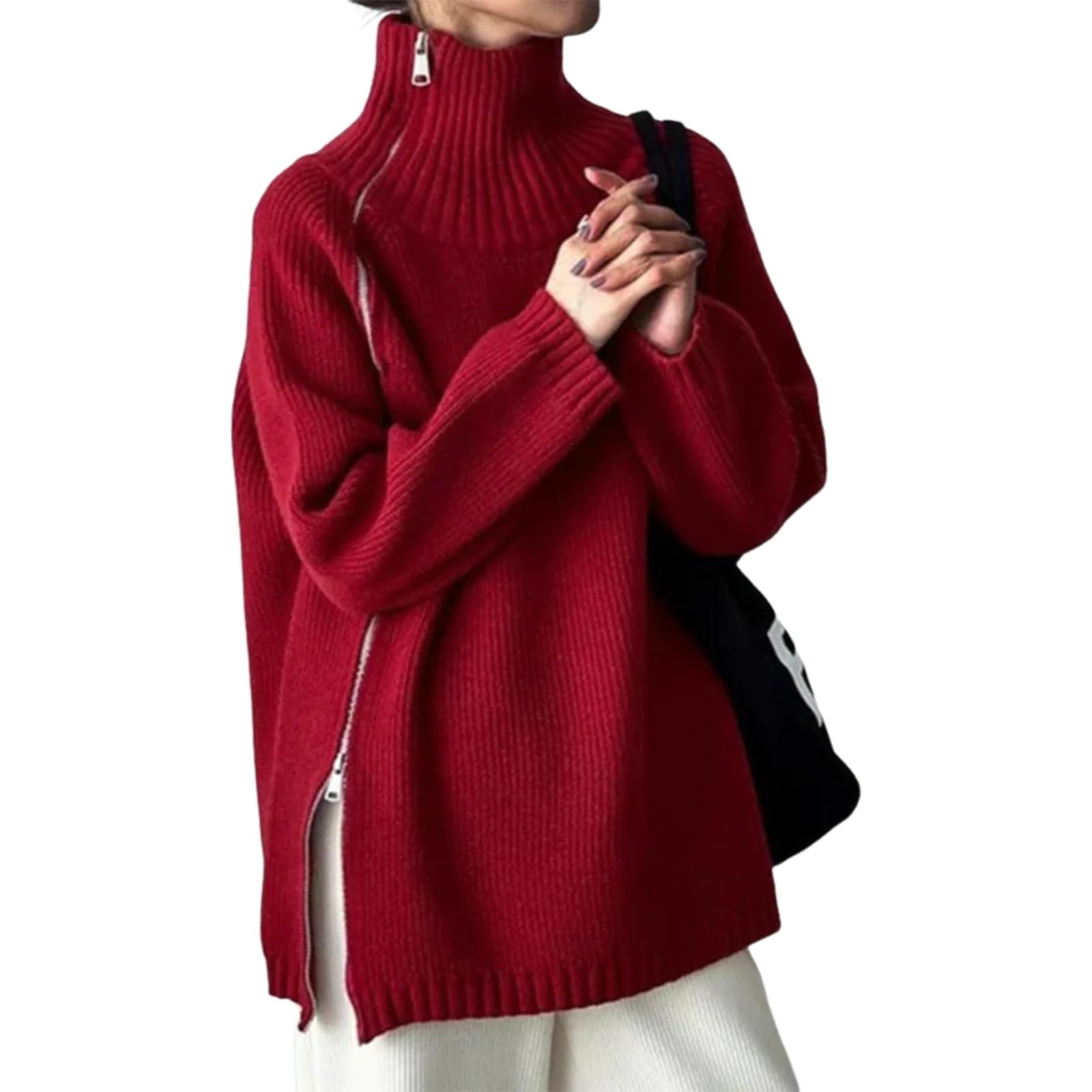 Womens Trendy Turtleneck Sweaters Side Slit Zip up Pullover Outfit Fall Winter Long Sleeve Ribbed Knit Jumper Tops