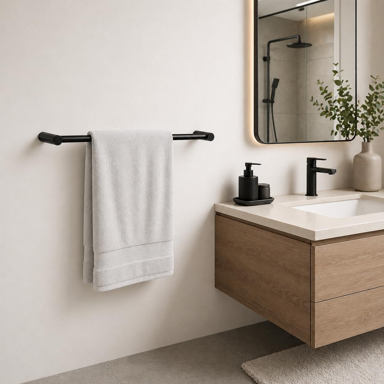 Kon-fort Home Porte Serviette Noir Salle de Bain Acier Inoxydable brossé Mat, Design Exclusif, 40 cm