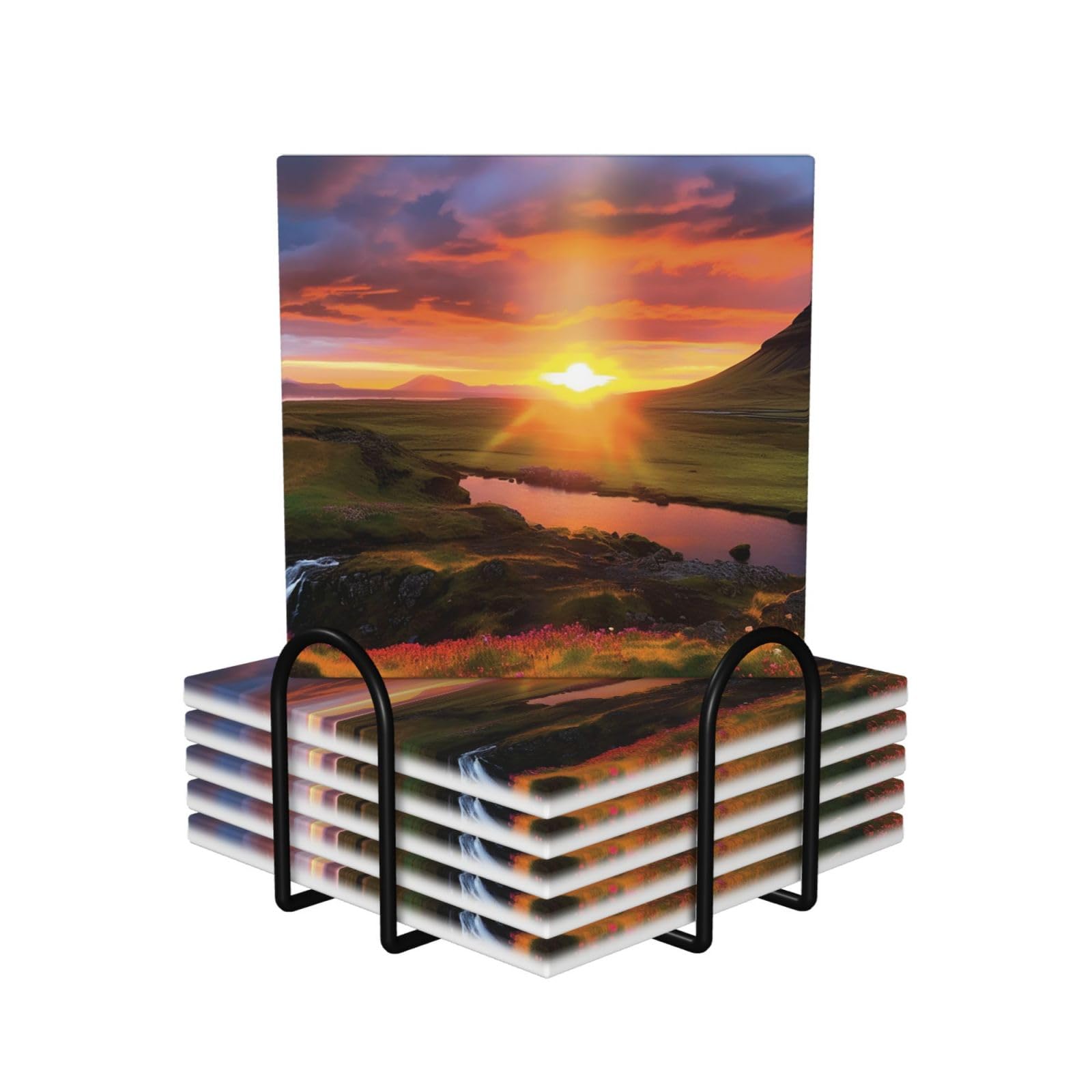 6Pcs Ceramics Coaster for Drinks, Iceland Sunset Cup Coasters with Holder, Aesthetic Drink Coasters for Coffee Table, Absorbent Round Coaster for Tabletop Protection 4" Cup Mat Pad