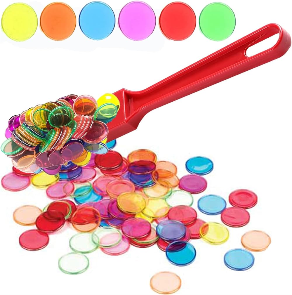 Magnetic Bingo Chips with Wand, 100 Pieces of 3/4 inch Transparent Bingo Counting Chips, 7 Color Metal Chips, for Group Games, Family Game Night, Sensory Bins, Counting and Sorting, Science Activities