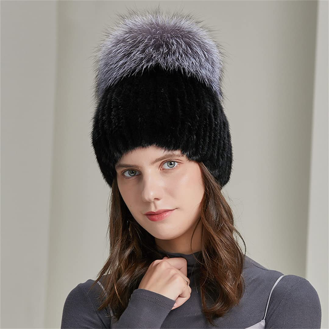 KMMBBTY Sombreros de Invierno de Piel de visón para Mujer con Gorro de Punto con Pompones, Gorro Femenino de elásticos cálidos a la Moda