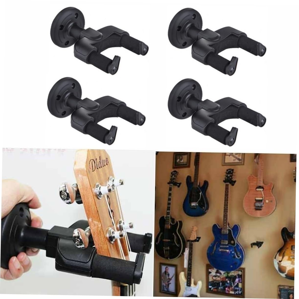 Gancio Chitarra da Muro Nero Abs 4 Pezzi con Base Auto-bloccante | Compatibile con Chitarra e Basso, Montaggio Semplice, Supporto Staccabile con Impugnatura Automatica