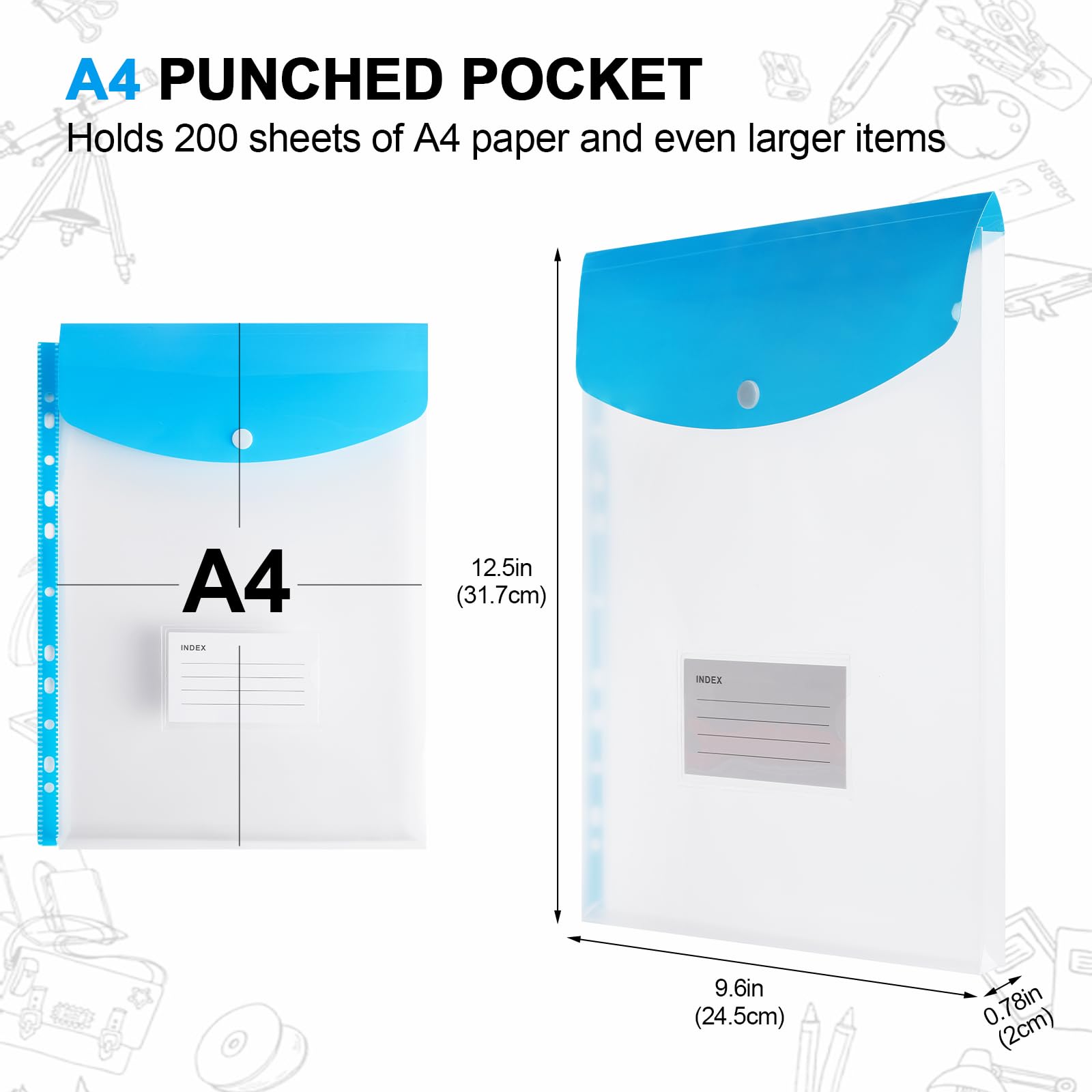 Plastic Wallets A4 Punched Pockets, 11 Holes Expandable Binder Folders for 2/3/4 Ring Document Pouch with Snap Button & Label Loose-Leaf Transparent for Office School Home (24 Pack - Top Open) - Image 2