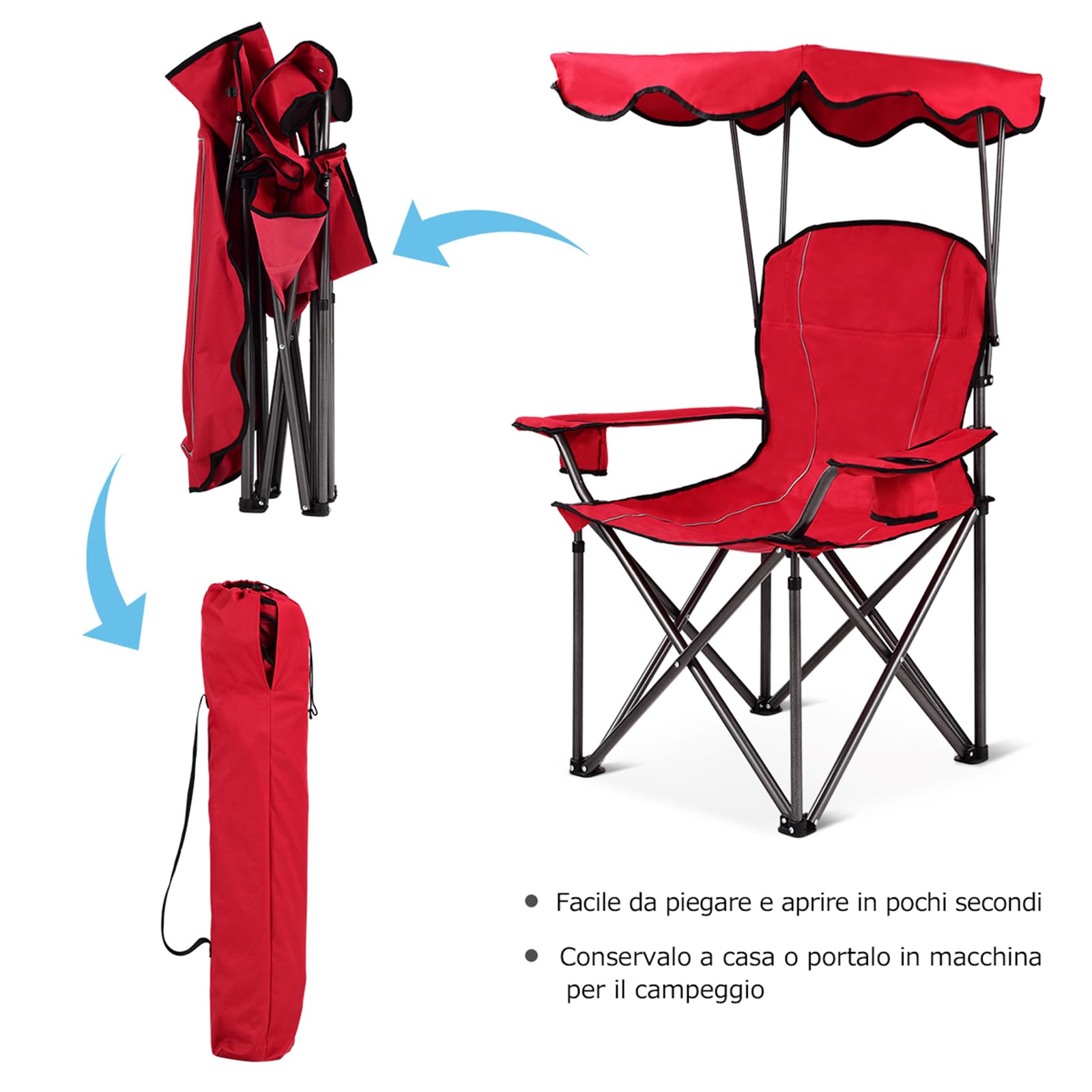 COSTWAY Sedia da Campeggio con Tettuccio, Poltrona da Spiaggia Pieghevole con Portabicchieri, Sedia Mare Leggera e Portatile, con Braccioli, Portata 120 kg (Rosso)