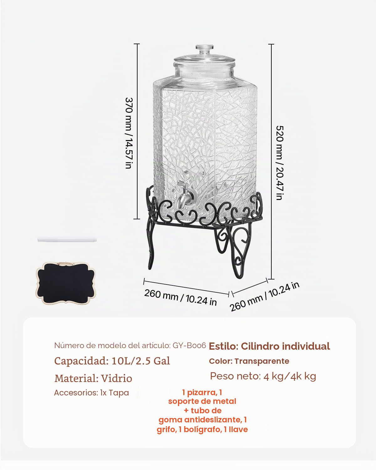 VEVOR Dispensador de Bebidas 10 L para Fiestas, Dispensador de Zumo de Cristal con Soporte Metálico y Grifo de Acero Inoxidable, Ideal para Té Helado, Limonada, Zumo y Agua, 400 x 210 x 210 mm
