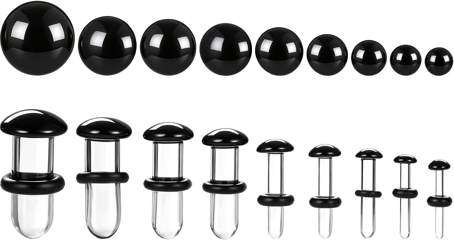 OMISTAR 9 Pairs Glass Ear Gauges Kit, 1.6 mm to 7 mm Stretching Plugs Set with Rubber O Rings, Short Taper Expander Jewelry for Ear Stretching, Domed Glass Body Piercing Set