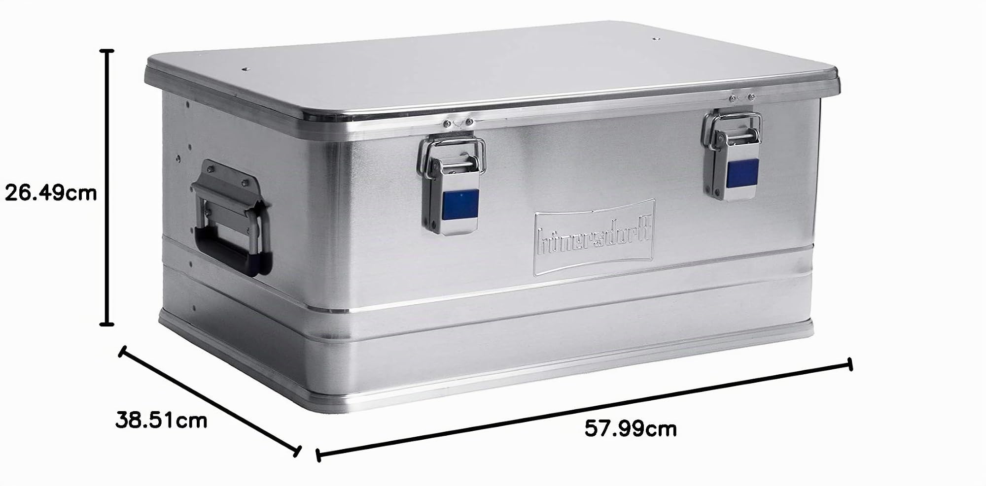 hünersdorff Aluminium-Box Profi 48 Liter, wasserdicht mit Gummi-Dichtung, leicht, stabil, Klapphandgriffe, Vorbereitung für Schlösser, Farbe: silber