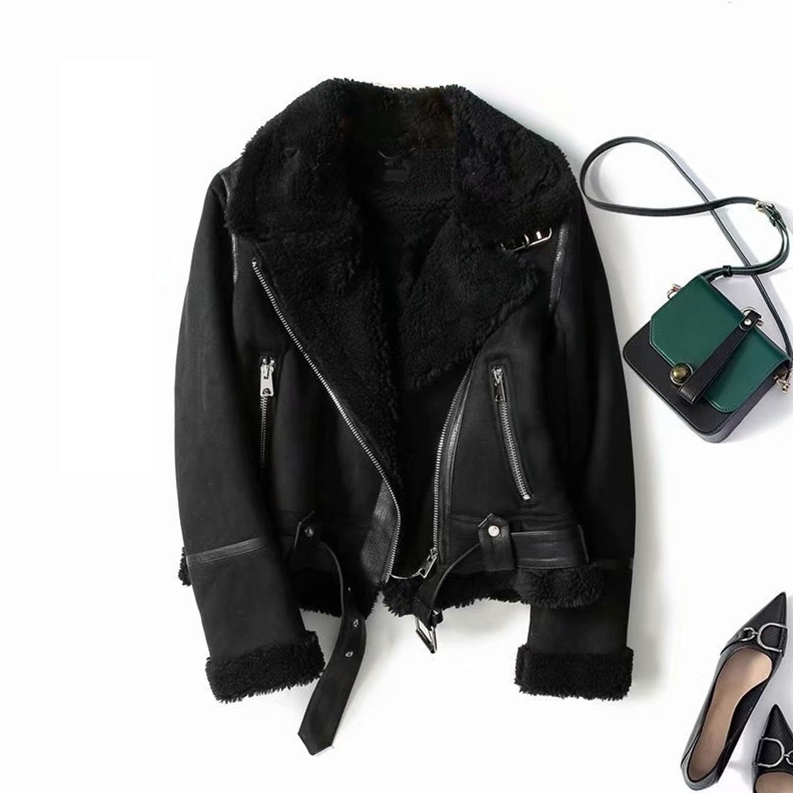 Veste en similicuir pour femme, parka épaisse doublée avec fermeture éclair et poches