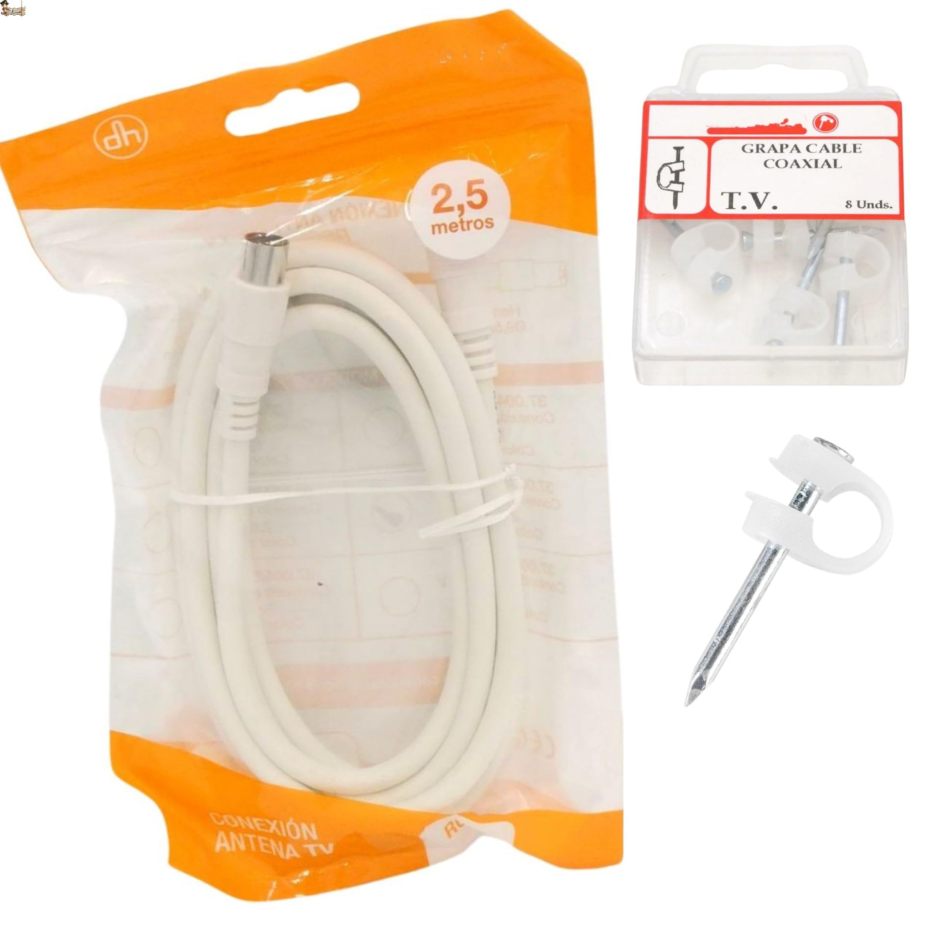 BricoLoco.com Cavo antenna TV connettore con graffette. Bianco 2,50 m. + 8 graffette. RG-59 75 Ohm coassiale in rame con graffetta chiusa a televe. Spina di ingresso maschio e uscita femmina (3 Packs)
