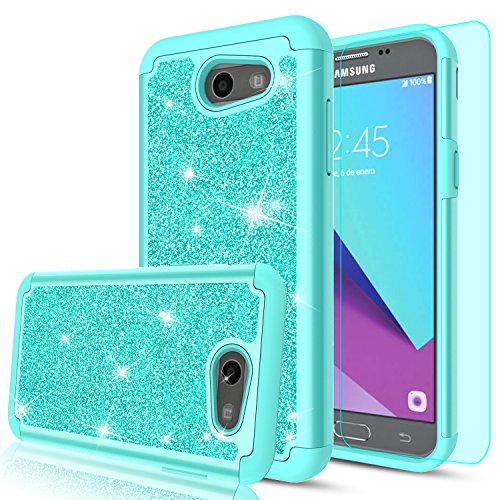 LeYi SWEET-435 Prime/Emerge/Express Prime 2/Amp Prime 2/J3 Mission/J3 Eclipse/J3 Luna Pro/Sol 2 Glitter Case with HD Screen Protector, Heavy Duty Protective Case for Samsung Galaxy J3 - Mint