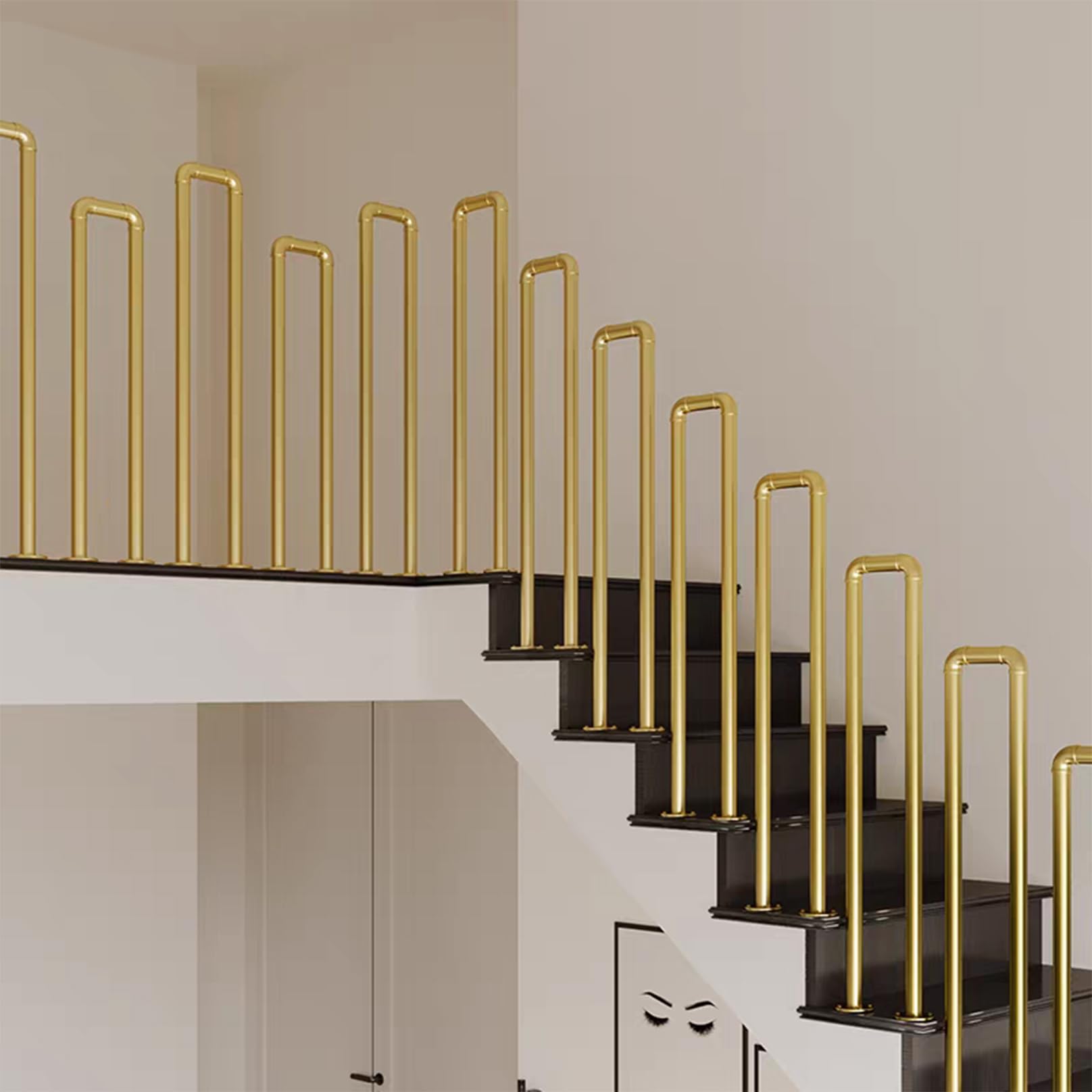 Aevixel Outdoor Stair Railing, Galvanized Iron Exterior Handrail, Rustproof, Indoor Stair Railing Kit, Staircase Balusters for Concrete Step or Wooden Stairs Gold 35CM-Round Corners