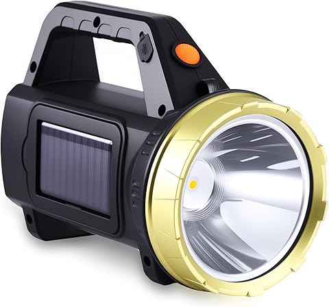 ALLOMN Linterna LED solar, súper brillante, linterna LED de mano, potente linterna recargable con 3 modos de luz, linterna de búsqueda portátil para emergencia al aire libre camping