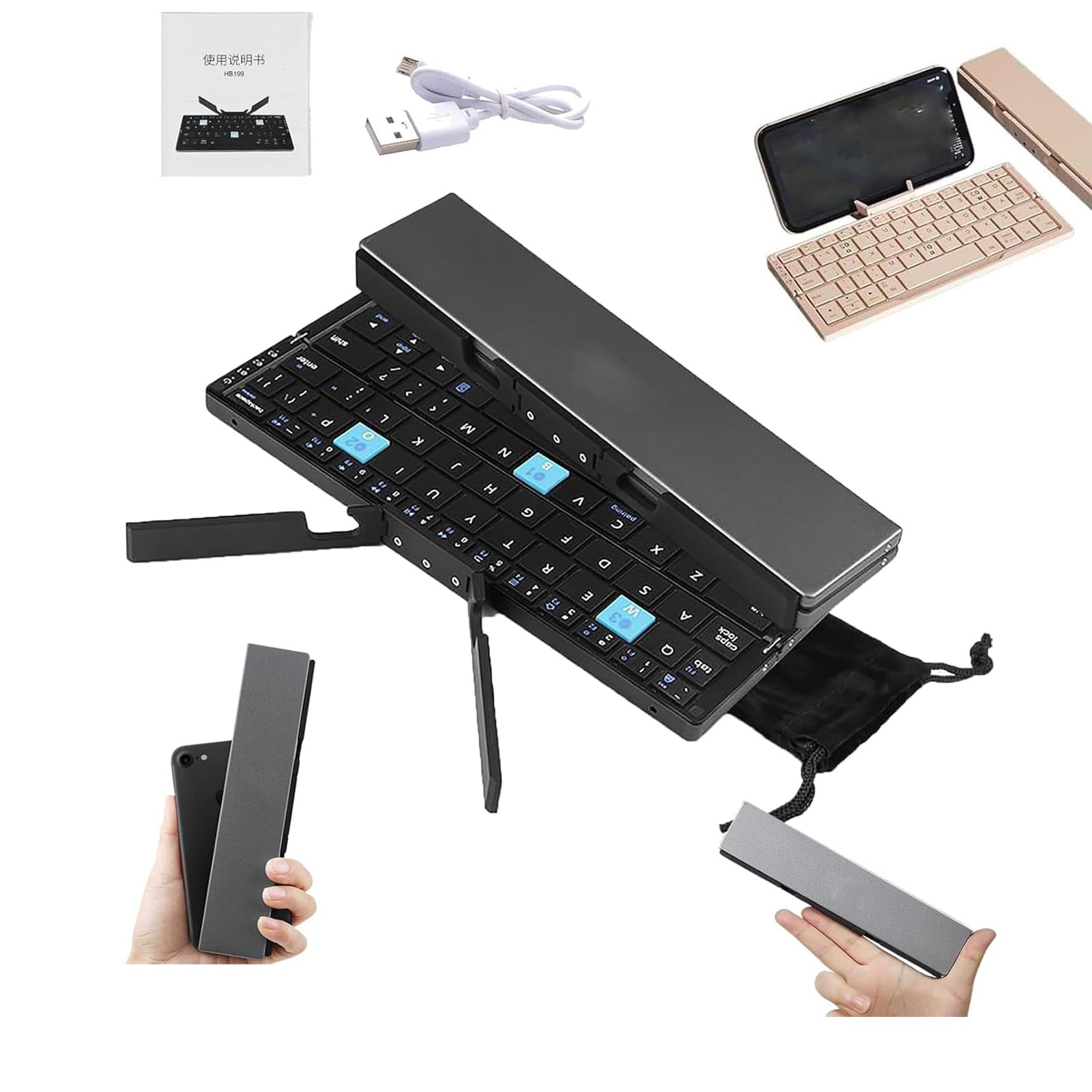 BOTOWI B.O.W Mini Foldable Wireless Mechanical Keyboard, Portable BT Keyboard Stand With Wireless Connectivity (Black)