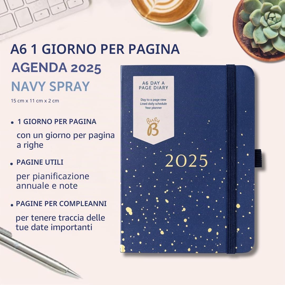 Busy B - Agenda giornaliera compatta da gennaio a dicembre 2025 - Pianificatore A6 Navy Spray con pagine allineate, note e pianificatore annuale