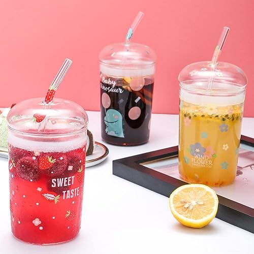 Miniatura 2 de Vaso de cristal transparente de fresa de 16 onzas con tapa y popote