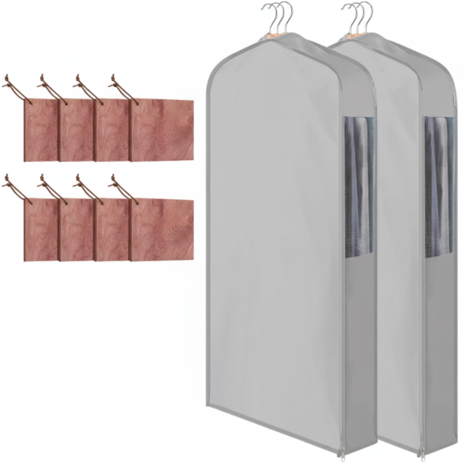 Cotton Garment Bags with 8 Cedar Blocks, 2 Sets, 40 x 24 x 6 in, Grey