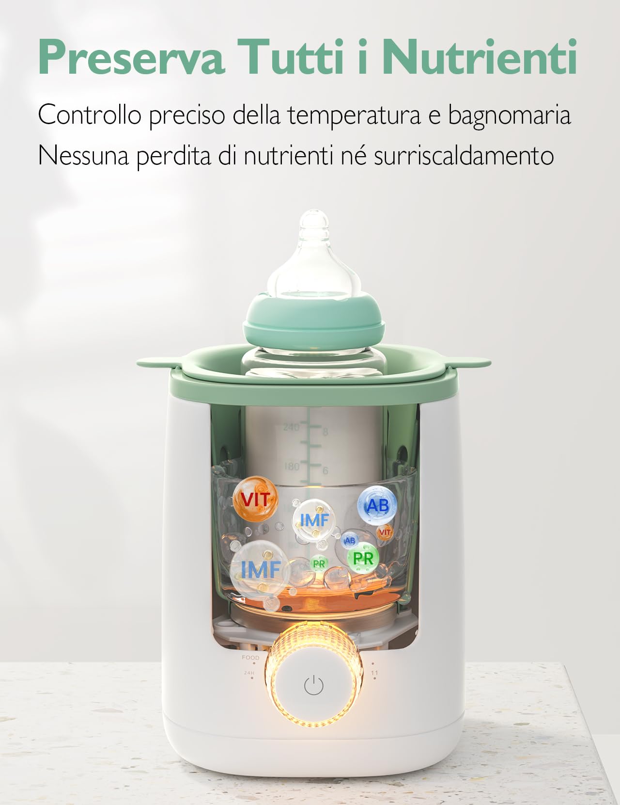 Scaldabiberon Momcozy Nutri, Scaldabiberon 9 in 1 con Luce Notturna, Controllo Accurato della Temperatura, Riceve i Nutrienti dal Latte Materno, per Tutti i Biberon con Latte Materno o Artificiale