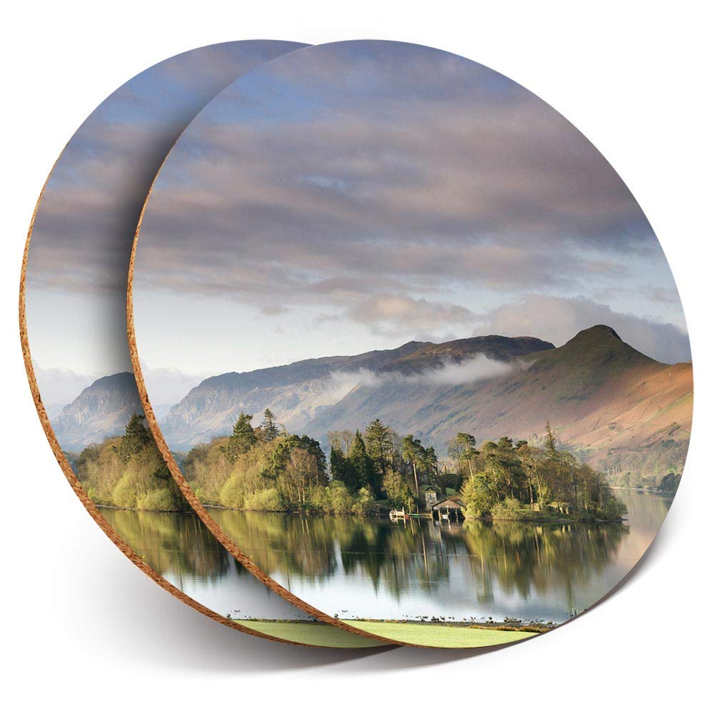 2 x Round Coasters - Derwentwater Keswick Lake District - Cork Backed Home Kitchen Accessory Tea Coffee Mug Mat #44874
